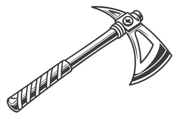 Isolated steel tools featuring an axe, ax and sword, sharp metal work equipment with a wooden handle