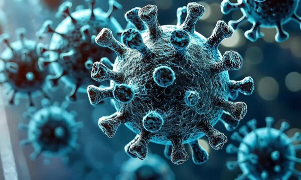 Microscopic View of Coronavirus Particles Highlighting Infection and Spread in a Laboratory Setting with a Soft Blue Glow