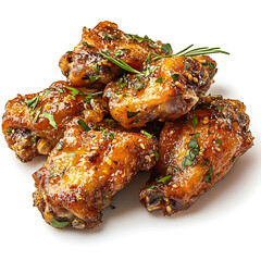 Golden and crispy chicken wings with a savory coating and tender chicken inside, isolated white background, hyperrealism art style