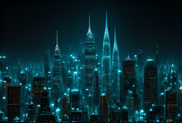 Obraz premium Urban architecture, cityscape with space and neon light effect. Modern concept of high technology, science, futuristic technology. Abstract digital high-tech city design for banner. High quality, gene