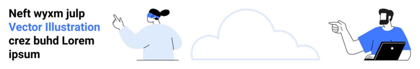 Female character presenting idea and male using laptop, both interacting digitally with cloud. Ideal for teamwork, remote work, cloud services, communication, tech concepts, modern business, flat