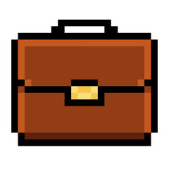 A pixel art style icon of a brown business briefcase with a black handle and a golden clasp. Perfect for retro games, mobile apps, websites, or presentation design. Isolated on white background, ideal