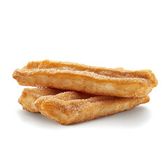 Golden and crispy churros with a dusting of cinnamon sugar and a soft, airy inside, isolated white background