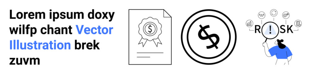 Certificate with seal, dollar currency icon, person pointing at risk with circular risk icons. Ideal for finance, investment, insurance, contracts, risk assessment, wealth building abstract line
