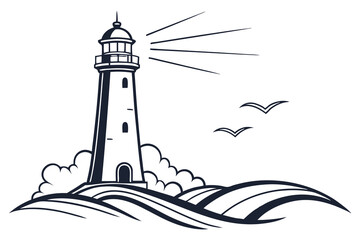 Lighthouse tower silhouette against the sea and sky, a coastal beacon for safe navigation