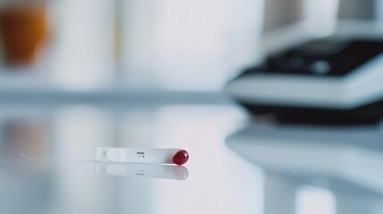 Close-up of blood glucose test strip with fresh blood drop on white surface, diabetes monitoring and health check concept for medical care and prevention.