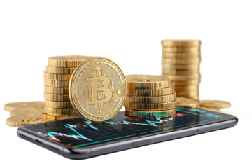 Cryptocurrency Coins with Smartphone Chart and Transparent Background