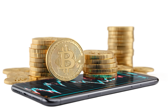 Cryptocurrency Coins with Smartphone Chart and Transparent Background