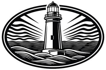 Tall red lighthouse tower beacon silhouette on the white coast for sea navigation