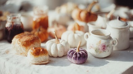 Fototapeta premium Autumn Thanksgiving Table Setting Pumpkins Bread and Rustic Decor