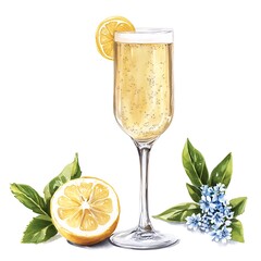 Sparkling Champagne Cocktail with Lemon and Flowers A Refreshing Summer Drink Illustration.