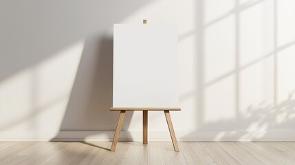 Blank canvas on wooden easel in bright artistic space