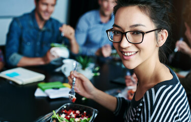 Portrait, business people and woman with food, lunch and eating with nutrition, brainstorming...