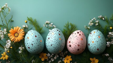 Delightful pastel Easter eggs nestled amongst vibrant spring flowers on a serene teal backdrop showcasing intricate gold detailing