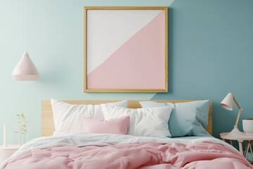 Modern bedroom interior with pink blanket and pillows in soft pastel colors. Use for mockup frame or showcasing your design project with style.