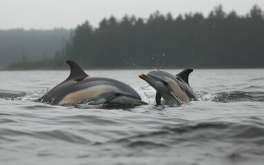 Naklejka premium Two Dolphins Interacting in a Calm Grey Ocean