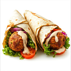 Golden and crispy falafel wraps with fresh veggies and a creamy tahini sauce, isolated white background, hyperrealism art style