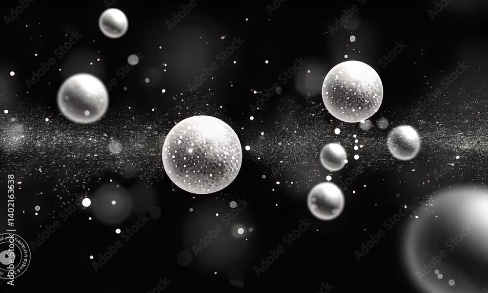 Wall mural dynamic abstract visualization of floating silver bubbles in black space with shimmering light effec