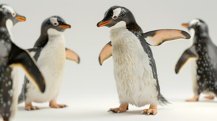 Fototapeta premium Three Playful Gentoo Penguins Stand Energetically in a Snowy Landscape Against a Bright White Background, Capturing Their Distinctive Orange Beaks and Waving Flippers.