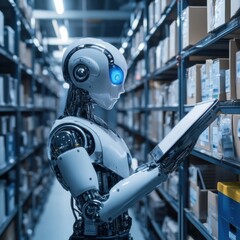 Fototapeta premium Robot Assistant Organizing Inventory in Modern Warehouse Environment