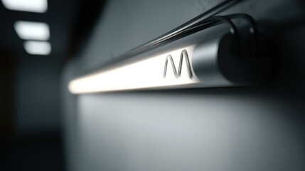 sleek, modern LED light fixture with glowing design on wall, creating futuristic ambiance