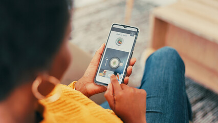 Hands, phone screen and food delivery app in home with click for choice, deal and hungry in living room. Person, smartphone ux and decision for order, meal and nutrition with online shopping in house