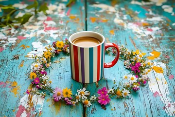 Whimsical Mother's Day setting with a colorful striped mug of coffee surrounded by a circle of wildflowers on a painted wood table.