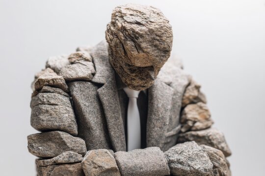 An isolated businessman made from stone