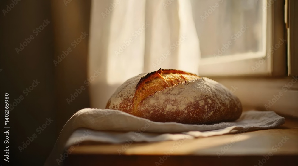 Poster golden crusted sourdough loaf rests gently on linen, basking in sunlight filtering through sheer cur