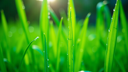 Fototapeta premium Close-up of a group of green grass blades.