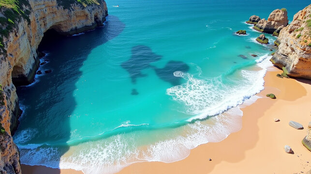 Beautiful landscape of a beach with crystal clear blue water and white sand.
