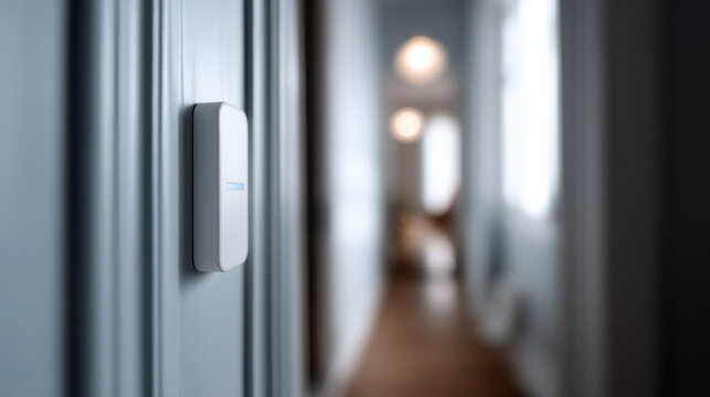 sleek smart door sensor with blue light for IoT security is mounted on wall in hallway