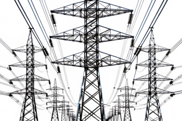 high power transmission lines of electricity isolated on white background