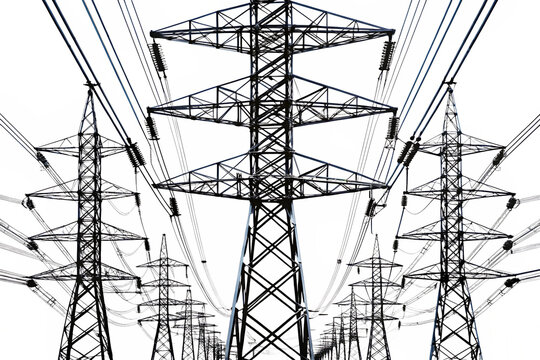 high power transmission lines of electricity isolated on white background