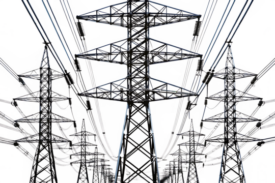 high power transmission lines of electricity isolated on white background