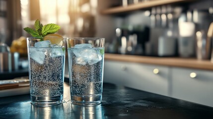 Cool lemonade served in tall glasses with fresh mint and ice, surrounded by a sunny summer patio setting, perfect for casual gatherings and refreshment