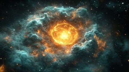 Fototapeta premium A bright and fiery celestial orb surrounded by cosmic clouds