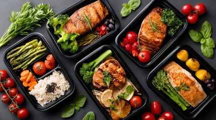 Assorted Healthy Meal Prep Containers with Grilled Salmon Vegetables and Rice on Black Surface
