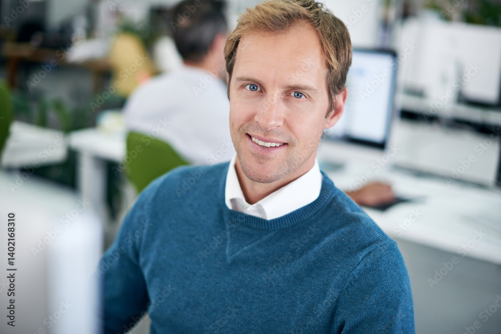 Aufkleber Portrait, businessman and computer at desk for coding, web development and programming. Male person, software and pride in workplace for technology engineering, idea transformation and data process