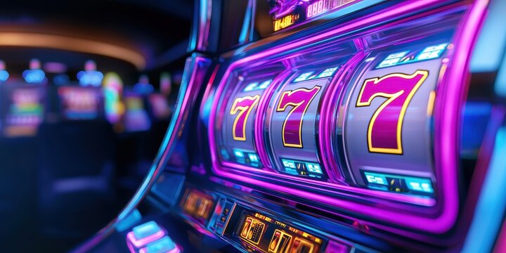 A dynamic and colorful casino slot machine display with a winning 777 symbol, glowing in golden jackpot lights.