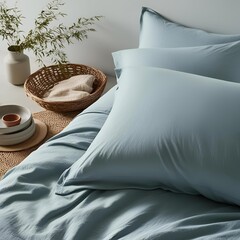 Morning aesthetics for social platforms, soft light over blue bed soft sheets. Earthly tones sunrise.