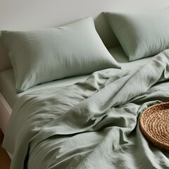 Morning social platforms aesthetics, soft light over bed sheet in minimalist tones. 