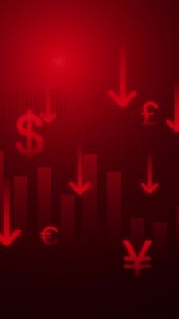 decrease currency price graph and chart digital background animation portrait. world downtrend currency price animation with red color