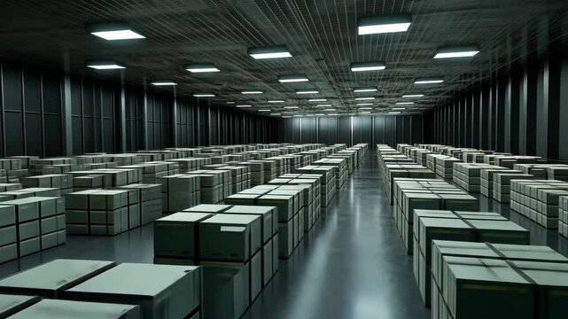 Rows of stacked, unlabeled boxes fill the vast interior of a warehouse under bright lights, creating a sense of immense storage capacity