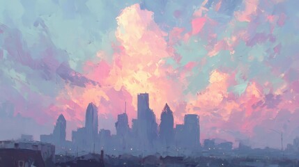 Serene Cityscape  Pastel Sunset over Urban Skyline