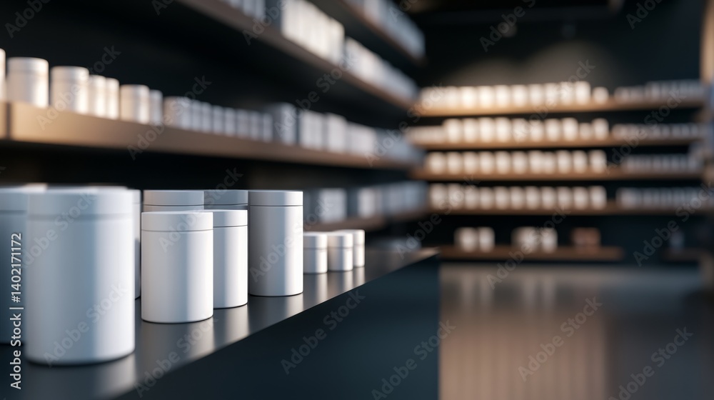 Poster clean and serene retail space showcases a minimalist shelving unit with white storage jars and boxes