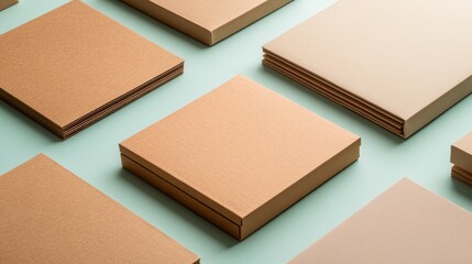 Fototapeta premium A variety of brown cardboard packages of different sizes are neatly arranged on a clean white surface, creating a well-organized layout for delivery themes