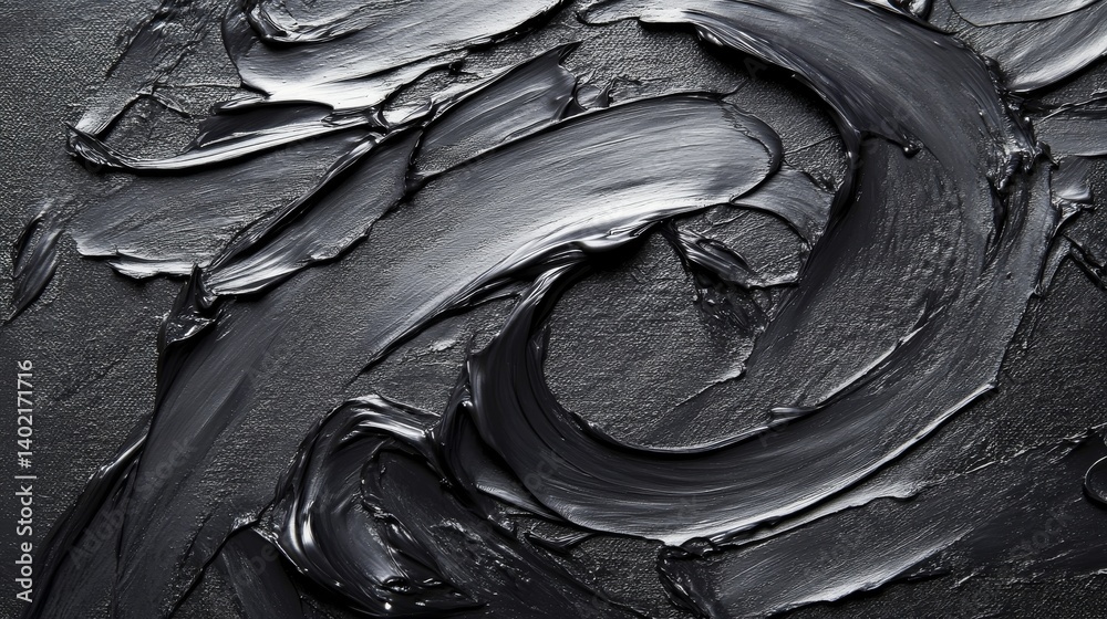 Fototapete thick black acrylic paint forms dynamic swirling patterns over a textured canvas, showcasing depth a