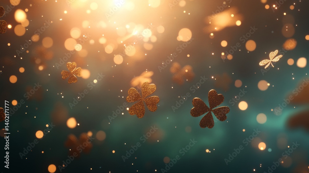 Poster glowing clover shapes float over a deep emerald surface, enhanced by twinkling golden light flares a