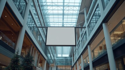 Fototapeta premium A sleek rectangular sign hangs from metal brackets in a spacious building under a glass ceiling, ideal for advertising or guiding visitors effectively